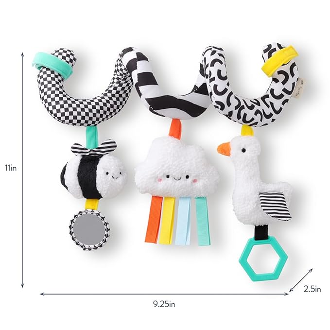Itzy Ritzy Spiral Car Seat & Stroller Activity Toy - Stroller & Car Seat Toys for Ages 0 Months and Up - Hanging Toys Include Dangling Ring, Mirror and Textured Ribbons (High Contrast)-BubblyBeeBaby