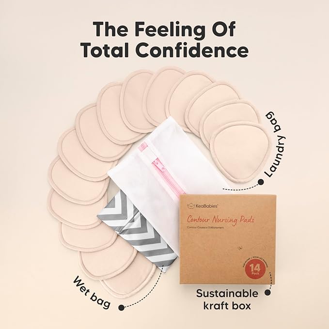 14-Pack Organic Nursing Pads - Washable Breast Pads for Breastfeeding, Nursing Bra Nipple Pads for Breastfeeding, Pumping Bra Reusable Breast Pad, Maternity Breastfeeding Bra Pad (Bare Beige, L 4.8")-BubblyBeeBaby