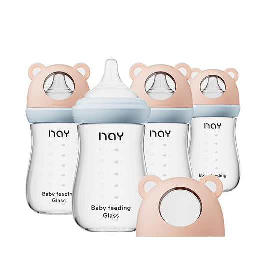 Natural Glass Baby Bottle for Breastfeeding Babies, 8oz Anti-Colic Baby Bottle with Natural Response Nipple(M), Clear, Wide Neck, 4 Pack, 3 Months+-BubblyBeeBaby