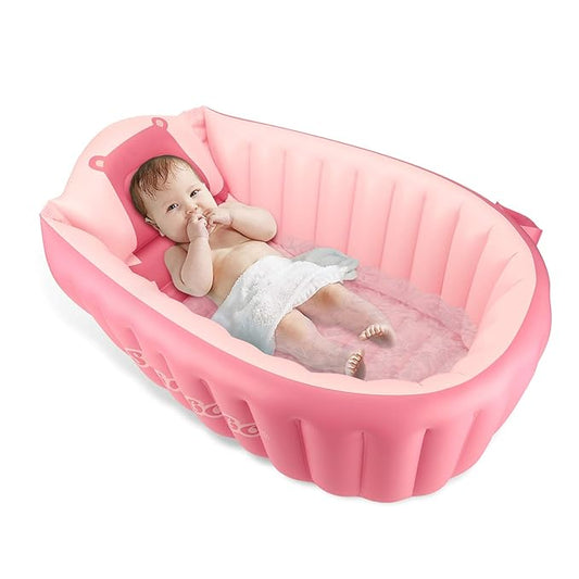 Inflatable Baby Bath Tub Portable Foldable Travel Mini Swimming Pool Helps Infants to Toddler Tub (Pink)-BubblyBeeBaby