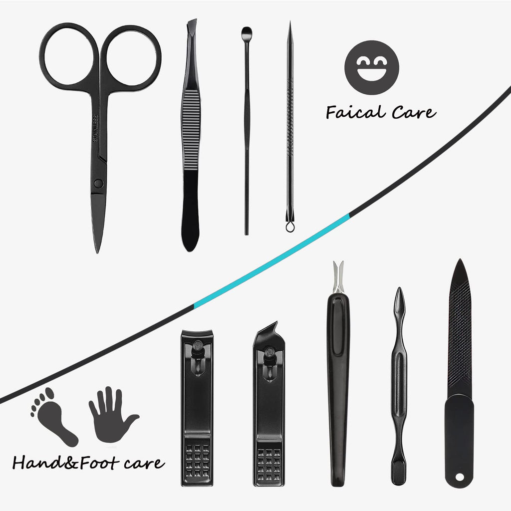 Manicure Set 9 in 1 Stainless Steel, Nail Clippers Scissors Pedicure Tools Kit - Portable Travel Grooming Kit for Men and Women with Black/Blue Leather Case (Blue)