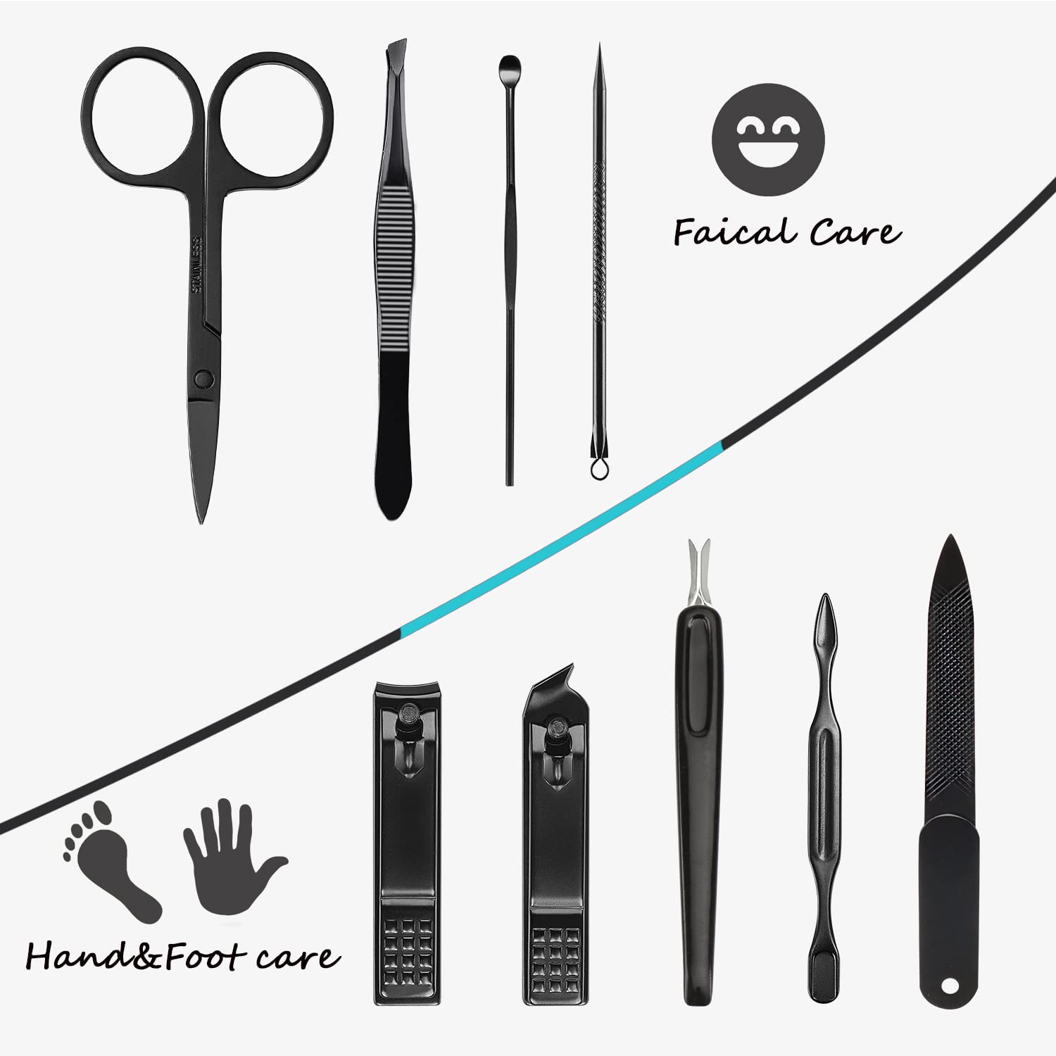 Manicure Set 9 in 1 Stainless Steel, Nail Clippers Scissors Pedicure Tools Kit - Portable Travel Grooming Kit for Men and Women with Black/Blue Leather Case (Blue)