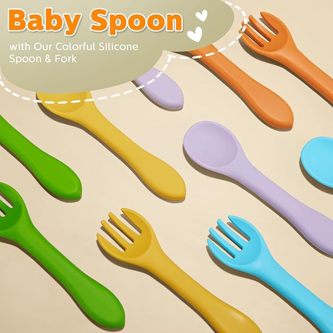 10 Pieces Baby Led Weaning Spoons and Forks Set Infant Silicone Spoon First Self Feed Baby training Utensils for Toddler First Stage Feeding Supplies for Kids Over 6 Months, 5 Pairs(Fresh Colors)-BubblyBeeBaby
