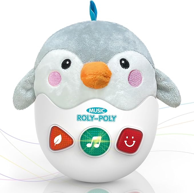 Infant Toys 0-3-6-12 Months Shower Gifts, Plush Cute Stuffed Animal Penguin Musical Baby Tummy Toys with Light & Sounds, Roly-Poly Easter Birthday Gift for Newborn Boys & Girls-BubblyBeeBaby