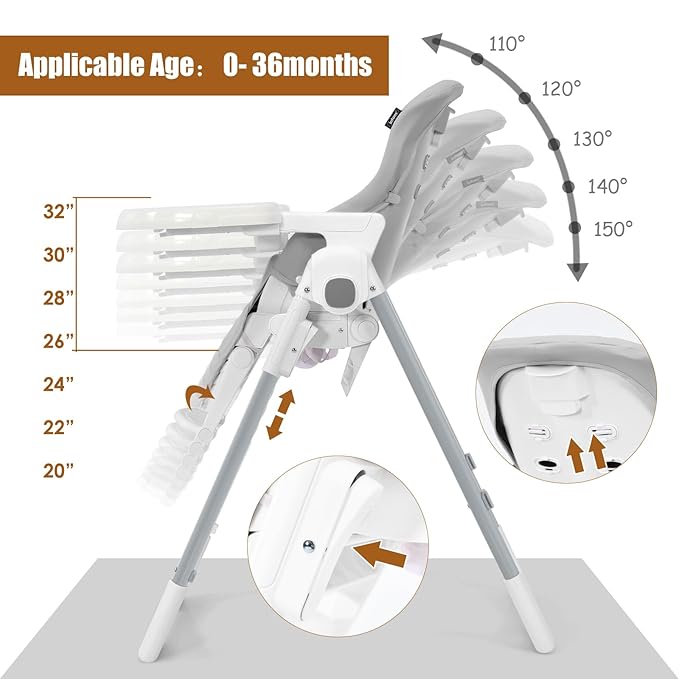 INFANS High Chair for Babies & Toddlers, Foldable Highchair with Multiple Adjustable Backrest Footrest Seat Height, Removable Tray, Detachable PU Leather Cushion Wheels (with Booster, Light Grey)-BubblyBeeBaby