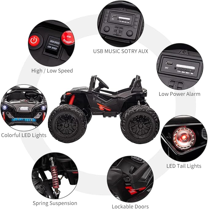 2 Seaters 24V Ride on UTV with Remote Control,10AH Battery, 400W Powerful Motors with 17" EVA Wheels, 20.5“ Seat Width Electric Ride Toy with Metal Suspension,LED Lights,Music,Horn (Black)-BubblyBeeBaby