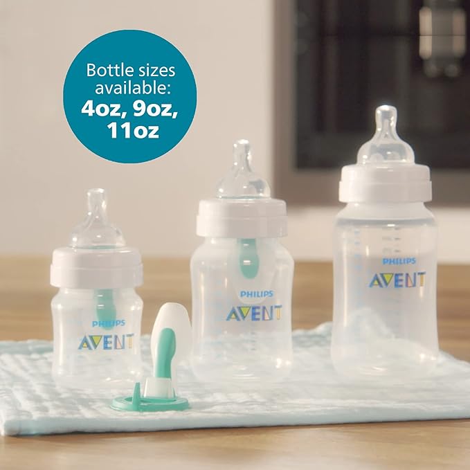 Philips Avent Anti-Colic Bottle with AirFree Vent, 9oz, with Flow 2 Nipples, 1m+, 4pk, Blue, SCY703/24-BubblyBeeBaby