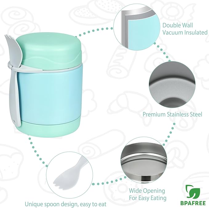 10oz Soup Thermo for Hot Food Kids,Lunch Thermo Kids Food Jar with Spoon Hot Insulated Food Containers,Leak Proof Stainless Steel Wide Mouth Lunch Food Thermo Jar for School(Mint-Green)-BubblyBeeBaby