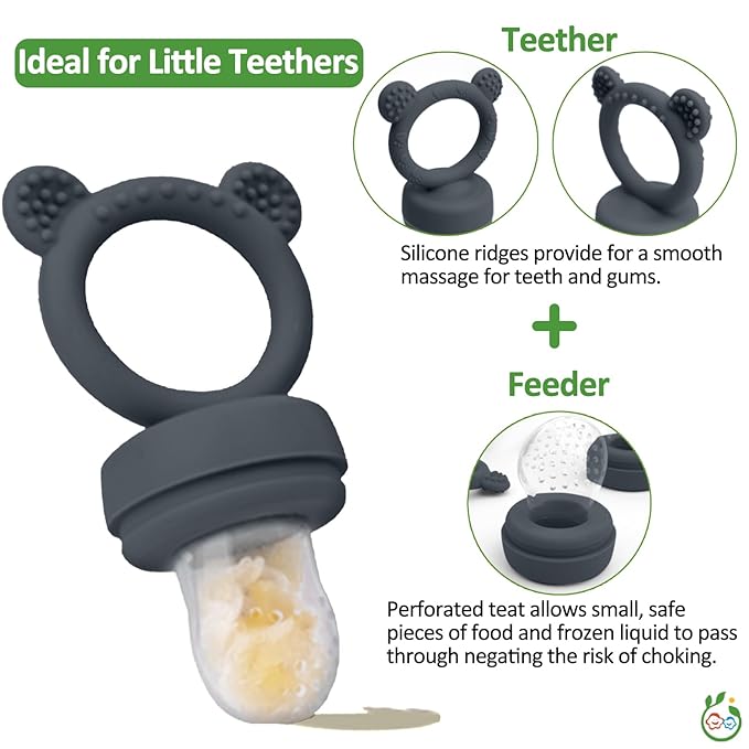 JEXFUN Silicone Baby Food Feeders + Freezer Tray for Batch Prep, Introduce New Foods Safely, Double as Silicone Teething Toys, BPA Free Silicone Feeder for Safe Infant Self Feeding - (Dark Grey)-BubblyBeeBaby