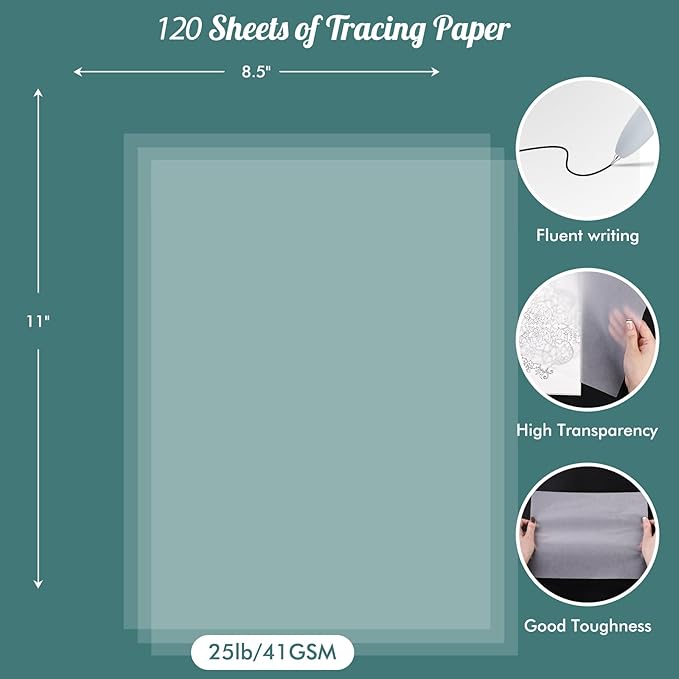 120 Sheets 8.5”x 11” Tracing Paper for Drawing Pad Book Sketchbook Coloring Painting, 25 lb/41gsm, Loose Translucent Vellum Paper Trace Tracing Paper for Sketching, Overlaying-BubblyBeeBaby