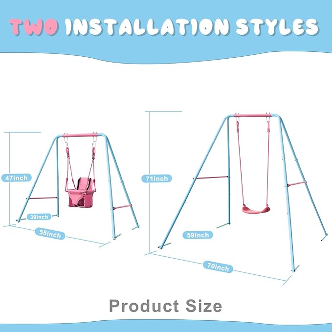 2-in-1 Toddler Swing Set with Metal Stand, Safety Belt & 4 Anchors - A-Frame Swing for Kids 6 Months+ (Pink, Indoor/Outdoor Backyard Playground)-BubblyBeeBaby