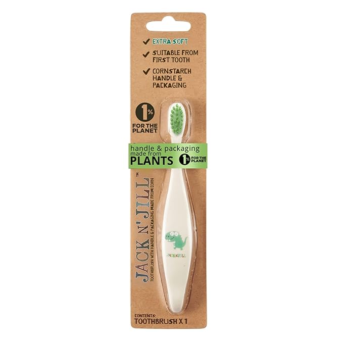 Jack N' Jill Kids Toothbrush - Extra Soft Bristle Toothbrush for Kids, Handle & Packaging Made from Plants (Corn), Ergonomic Handle for Little Hands - Dino Baby (1 Pack)-BubblyBeeBaby