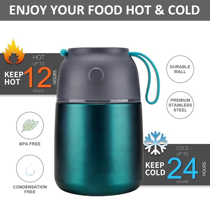 Insulated Thermo Food Jar for Hot & Cold Food for Kids Adult, 17 oz Soup Thermal Hot Food Containers for Lunch, Triple Layer Insulation Stainless Steel Food Jar with Spoon (Green)-BubblyBeeBaby
