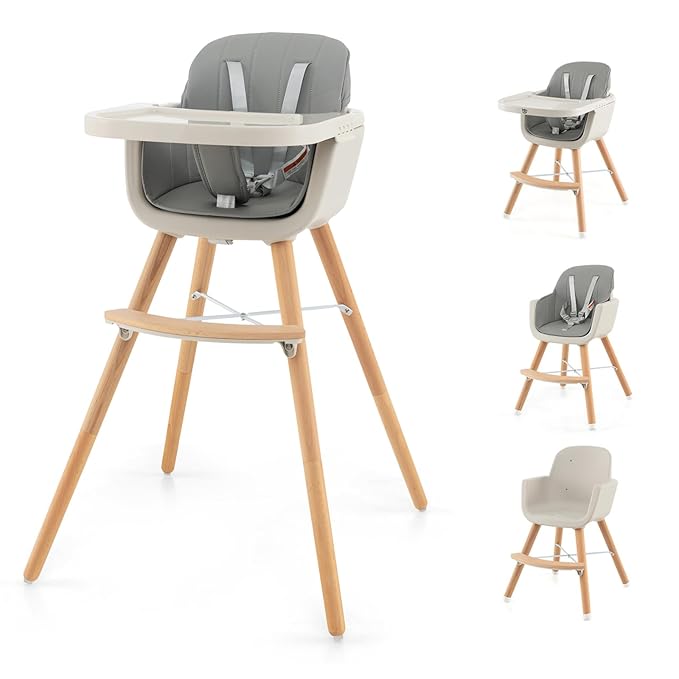 HONEY JOY High Chair, 3-in-1 Eat & Grow Wooden Highchair/Toddler Chair with Removable Tray, 5-Point Harness, PU Cushion and Footrest for Baby, High Chair for Babies and Toddlers(Gray)-BubblyBeeBaby