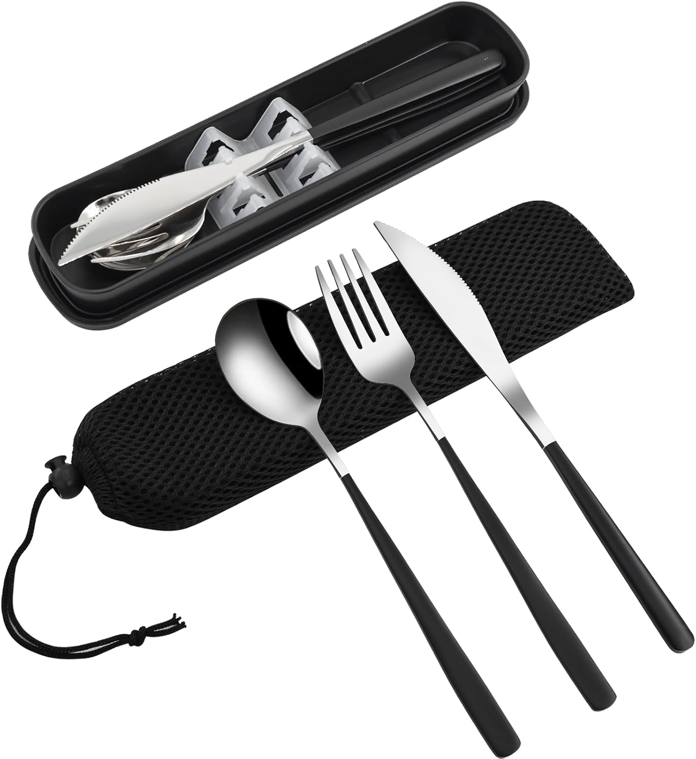 VANRA 3-Piece Portable Travel Utensils Set with Case 18/8 Stainless Steel Flatware Set Reusable Cutlery Set with Fork Spoon Knife for Lunch Travel Camping School Work Picnic (Black)