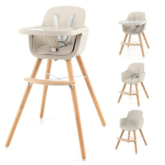 HONEY JOY High Chair, 3-in-1 Eat & Grow Wooden Highchair/Booster Seat/Toddler Chair with Removable Tray, 5-Point Harness, PU Cushion and Footrest for Baby, High Chair for Babies and Toddlers(Beige)-BubblyBeeBaby