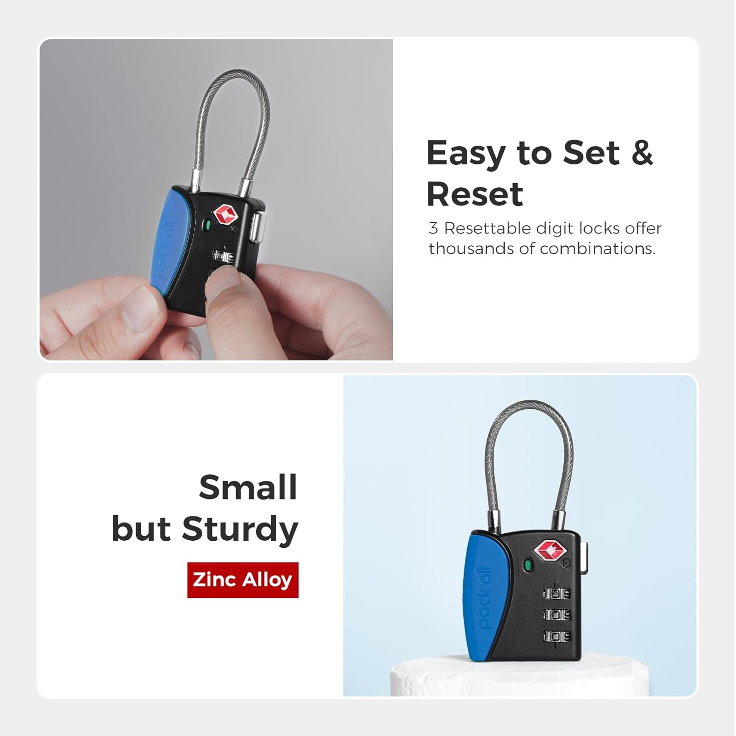 pack all TSA Approved Cable Luggage Locks, 3 Digit Combination Padlocks, Travel Lock for Suitcases & Bag, Alloy Body, Travel Accessories (4 Pack)（Navy）