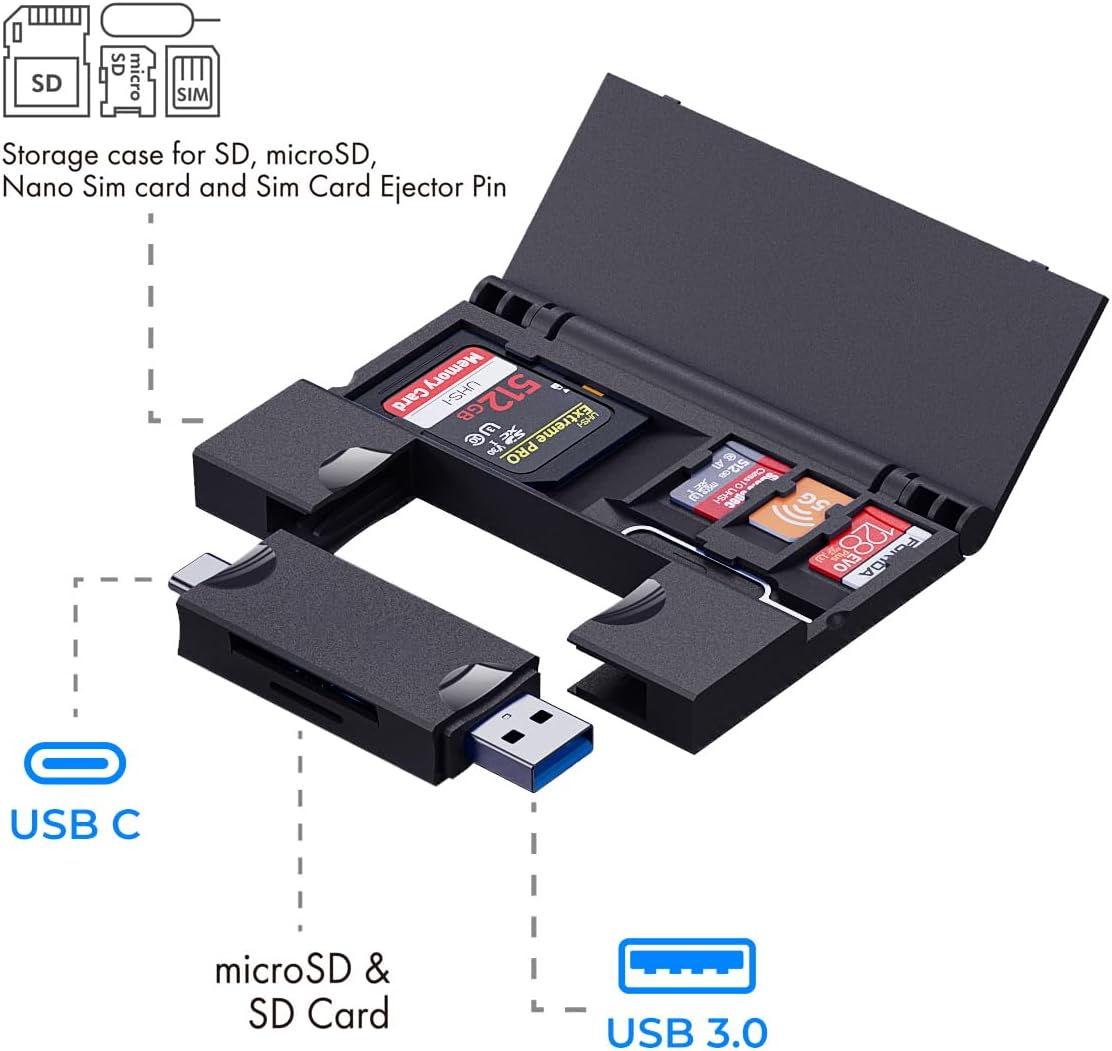 RayCue Multi-Function Card Reader Storage Box, USB3.0 High Speed Mobile Phone Memory/TF Card/SD Card/SIM Card/Card Pin Type-c Storage Box, for Type-c Laptop, iPhone, etc, Black
