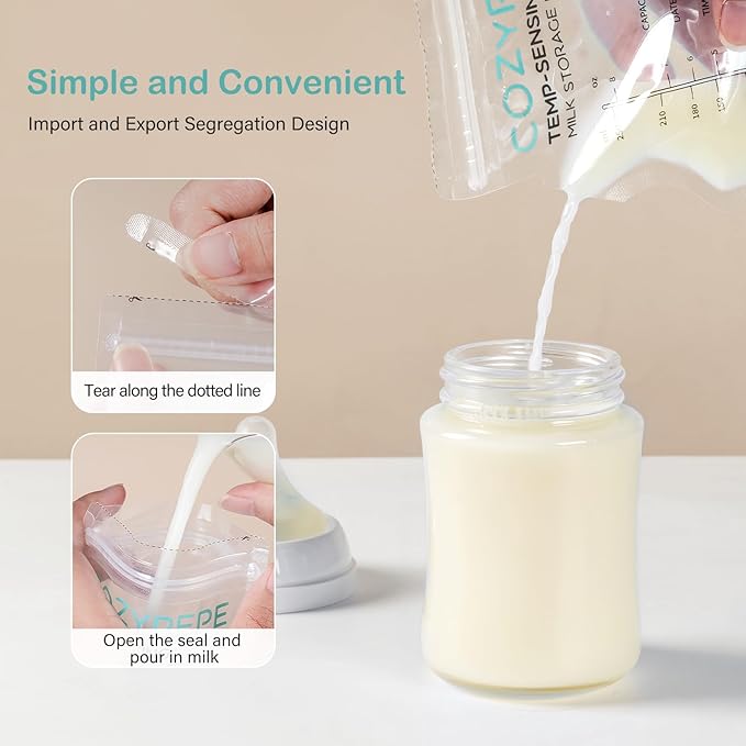 200 Pcs Breastmilk Storage Bags, 8oz Breast Milk Storing Bag with Pour Spout, Temperature-Sensing Color Change Milk Bag for Convenient Breastfeeding, No Leak Presterilized for Freezer-BubblyBeeBaby