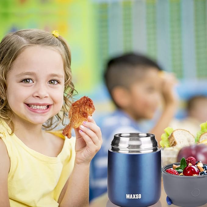 Insulated Thermo Food Jar for Hot & Cold Food for Kids Adult, 17 oz Soup Thermal Hot Food Containers for Lunch, Triple Layer Insulation Stainless Steel Food Jar with Spoon(Blue)-BubblyBeeBaby