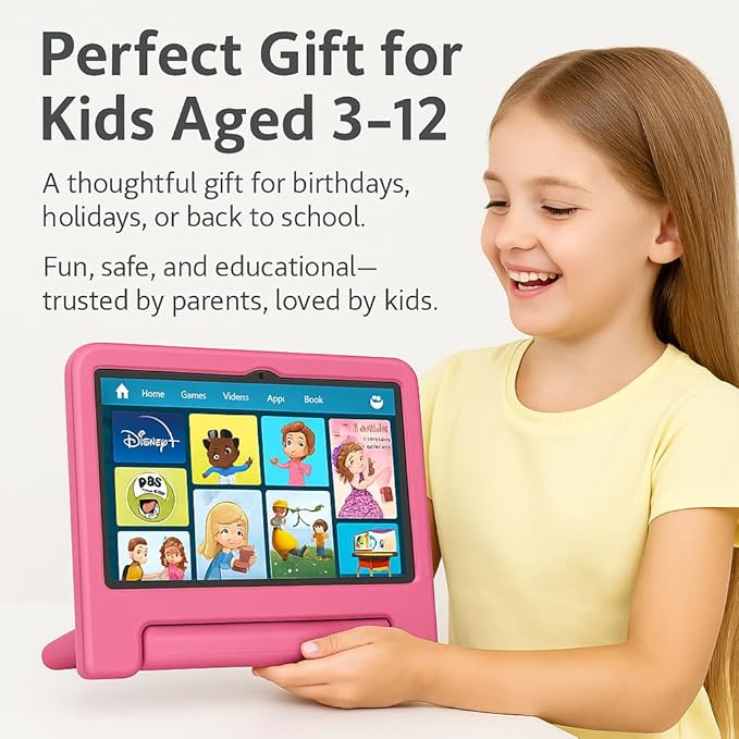10.1" Kids Tablet Android 14 | 64GB Octa-Core 8GB RAM | Shockproof Case & Parental Control | 12H Fast Charge | HD Display w/Google Kids Space & Educational Apps | WiFi 6/Bluetooth/GPS | Ages 3-12-BubblyBeeBaby