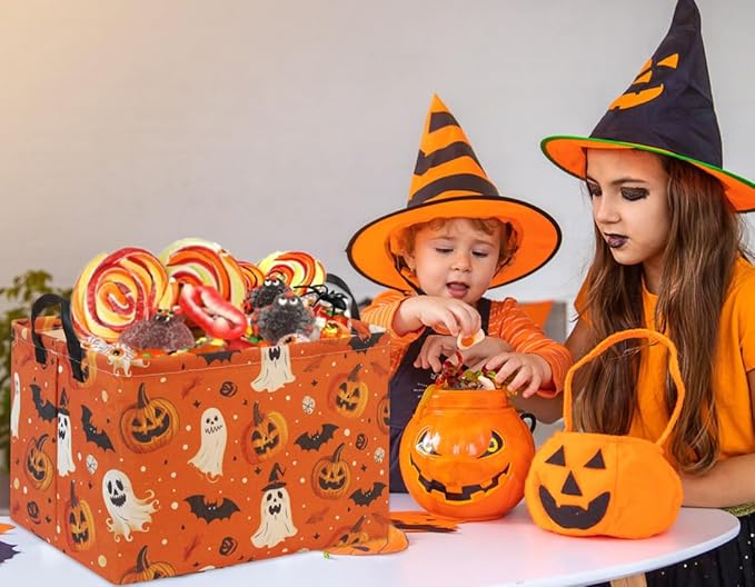 HIYAGON Halloween Basket Halloween Pumpkin Basket for Boys and Girls Trick or Treat Pumpkin Basket for Halloween Parties Cute Storage Bin Organizer Box Rectangular Room Decor(Halloween Pumpkin)-BubblyBeeBaby