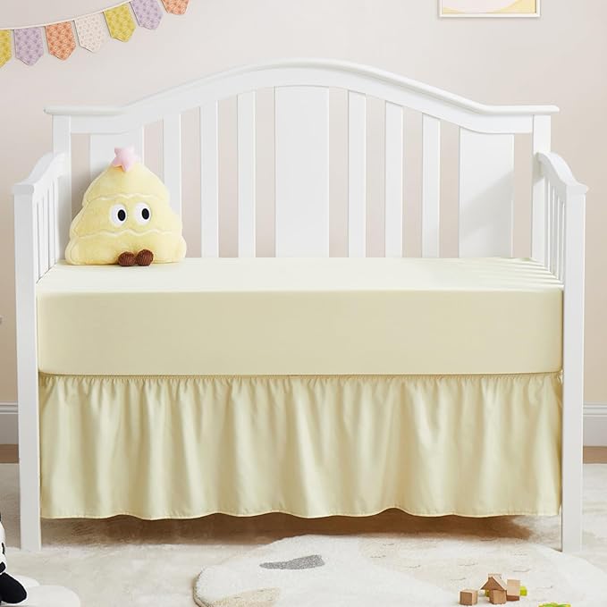 Horbaunal 2 Pack Crib Skirt & Crib Bed Sheet Set, Cream Crib Bed Skirt 28" x 52" with 14" Drop Dust Ruffle, Soft Microfiber Toddler Bedskirt Nursery Bedding Skirt for Baby Girls and Boys-BubblyBeeBaby