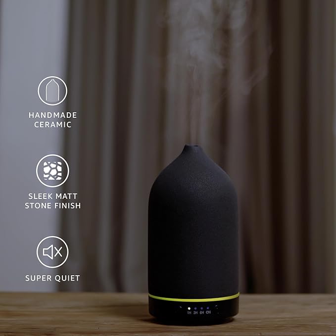 200ML Ceramic Essential Oil Diffuser - Ultrasonic Aromatherapy & Humidifier with 7-Color LED Lights, Auto Shut-Off, Black, 1H/3H/6H Timer | Scent for Home, Office, Yoga-BubblyBeeBaby