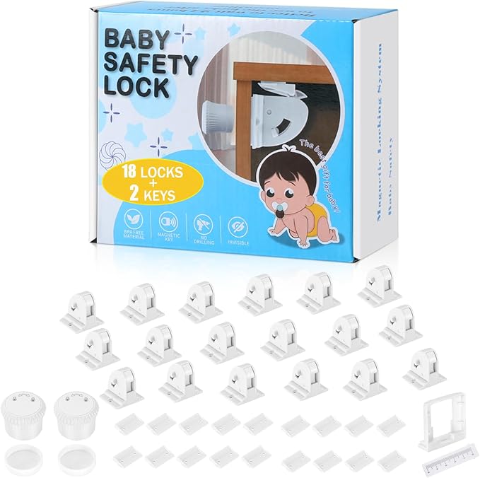 18 Pack Magnetic Cabinet Locks for Child Safety, Drawer Locks Baby Proofing, Magnetic Door Safety Locks for Cabinets and Drawers, Easy Installation No Tools Required (18 Pack and 2 Keys)-BubblyBeeBaby