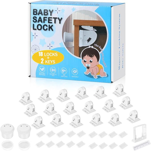 18 Pack Magnetic Cabinet Locks for Child Safety, Drawer Locks Baby Proofing, Magnetic Door Safety Locks for Cabinets and Drawers, Easy Installation No Tools Required (18 Pack and 2 Keys)-BubblyBeeBaby