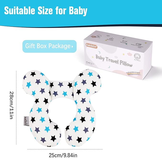 KAKIBLIN Baby Neck Pillow, Upgraded Baby Support Pillow, Head Pillows for Carseat, Newborn Neck Support for Car Seat,Pushchair,Travel (White Star)-BubblyBeeBaby