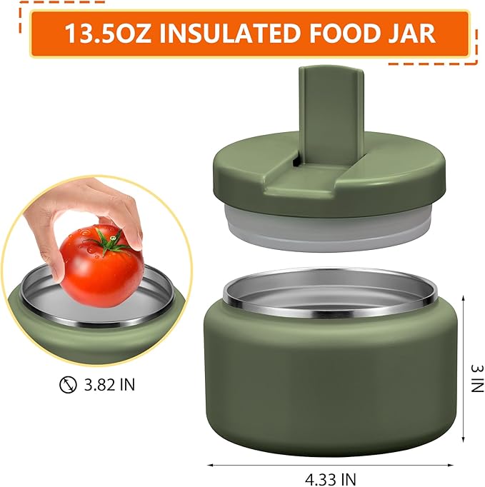 13.5oz Kids Thermos for Hot Food, Insulated Vacuum Food Jar with Buckle Lid, Stainless Steel Wide Mouth Leak Proof Insulated Lunch Container for School Picnic Travel, Green-BubblyBeeBaby