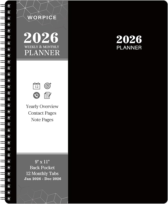 2026 Planner - 9” × 11”, 2026 Weekly and Monthly Planner, from JAN. 2026 to DEC. 2026, Inner Pocket, Premium Paper, Twin-wire Binding, Make Your Life Productive - Black-BubblyBeeBaby
