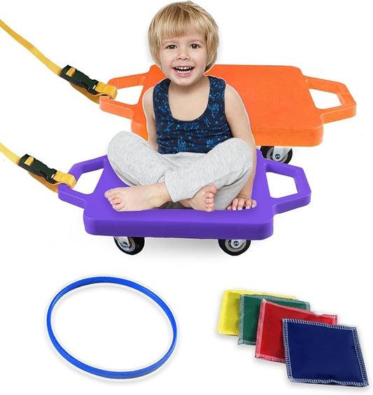 2 Plastic Scooter Boards with Handles for Kids Sitting and Sports Training, with 1 Ring, 2 Ropes and 4 Beanbags, Indoor and Outdoor Play-BubblyBeeBaby