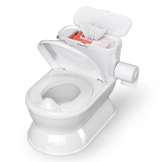2-in-1 Toddler Potty Training Toilet - Larger Potty Chair & Detachable Training Seat for Boys & Girls Ages 1-3 with Flushing Sound, Wipes Storage, Toilet Paper Holder-BubblyBeeBaby