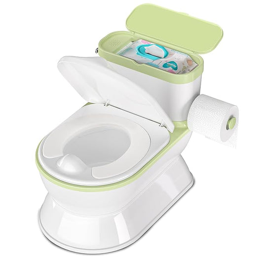 2-in-1 Toddler Potty Training Toilet - Larger Potty Chair & Detachable Training Seat for Boys & Girls Ages 1-3 with Flushing Sound, Wipes Storage, Toilet Paper Holder - Green-BubblyBeeBaby