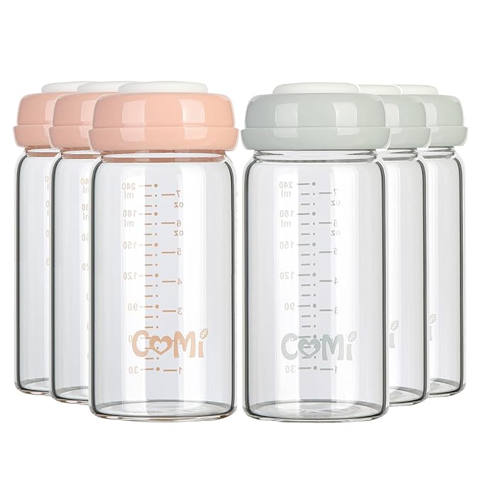 COMI Wide Neck Glass Breastmilk Collection n Storage Bottle, 6 Packs, 8oz with Screw Ring Sealing Disk; Re-markable Sealing Disc. BPA Free, Fits Breast Pumps & Nipples (3 Gray Lids + 3 Pink Lids)-BubblyBeeBaby