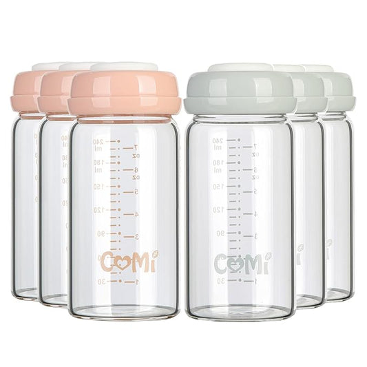 COMI Wide Neck Glass Breastmilk Collection n Storage Bottle, 6 Packs, 8oz with Screw Ring Sealing Disk; Re-markable Sealing Disc. BPA Free, Fits Breast Pumps & Nipples (3 Gray Lids + 3 Pink Lids)-BubblyBeeBaby