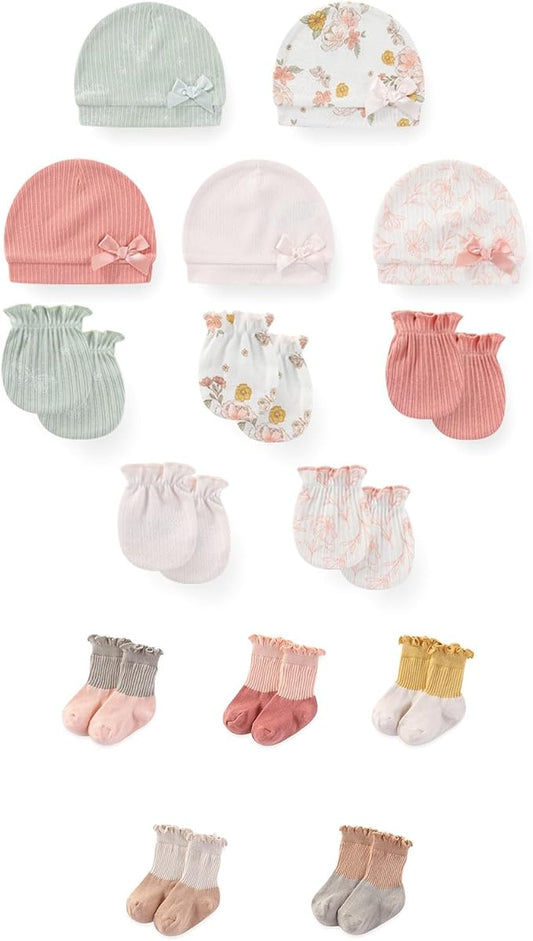 15 Pack Unisex New Born Boy Girls No Scratch Mittens Sets Cotton Soft Baby Gloves Hats socks Accessory 0-6 Months-BubblyBeeBaby