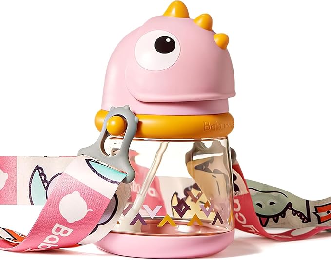 bc babycare Straw Sippy Cups for Toddler, No Spill Sippy Cups for Baby 1+ Year Old, Transition Weighted Sippy Cup with Straw and Strap, 10oz/300ml, Pink-BubblyBeeBaby