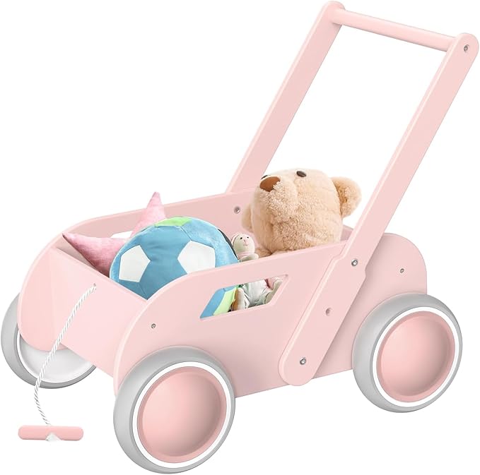2025 HOMEKOL Wooden Baby Walker,Baby Push Walker, Adjustable Speed Baby Walker for Boys and Girls, Baby Activity Center, Gift for Birthday, Christmas and New Year Nature Pink-BubblyBeeBaby
