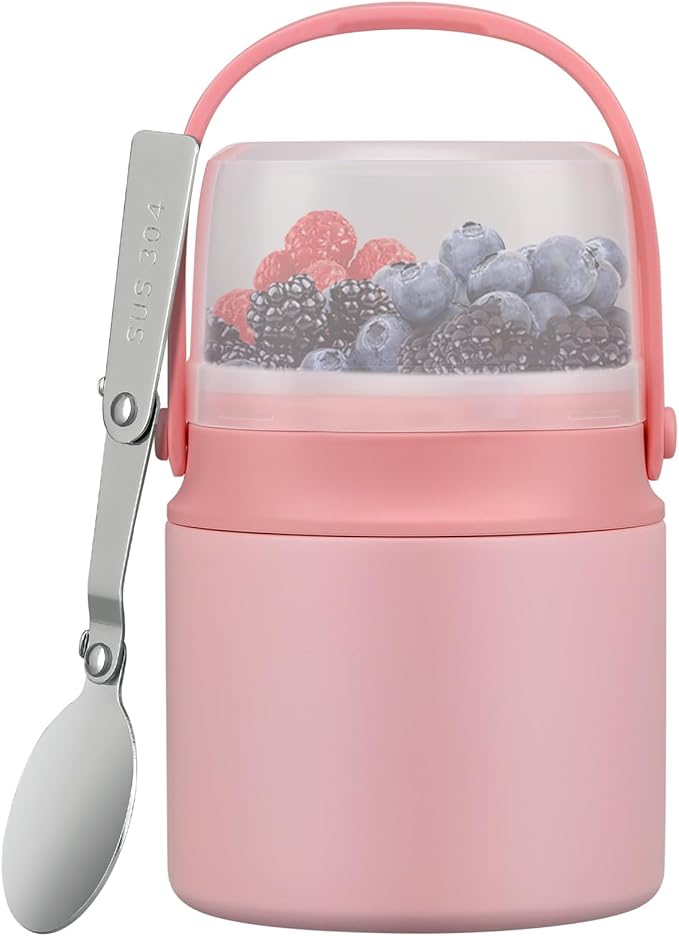 2-in-1 Insulated Food Jar & Snack Container - 15oz Kids Soup Thermos for Hot Food with Handle and Spoon, Leak Proof Reusable Toddler Snack Box, Perfect for School & Travel, Pink-BubblyBeeBaby
