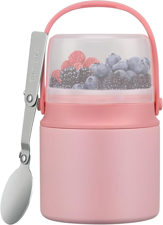 2-in-1 Insulated Food Jar & Snack Container - 15oz Kids Soup Thermos for Hot Food with Handle and Spoon, Leak Proof Reusable Toddler Snack Box, Perfect for School & Travel, Pink-BubblyBeeBaby