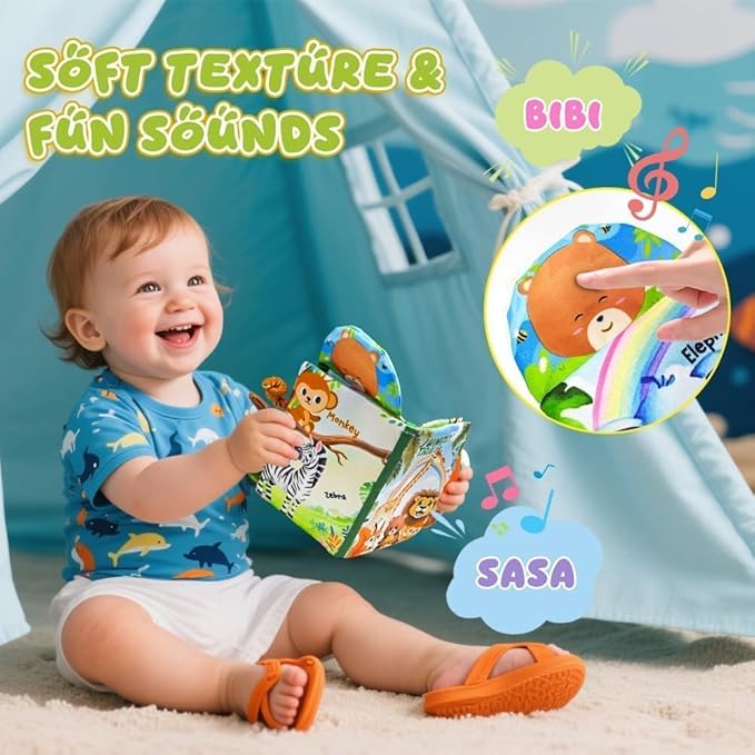 Baby Toys 0-6 Month, Crinkle Books for Babies, Jungle Tails Soft Baby Cloth Books 6 to 12 Months with 10 Pcs Jungle Animal Finger Puppets, Infant Tummy Time Sensory Toys, Newborn Gifts for Boys Girls-BubblyBeeBaby