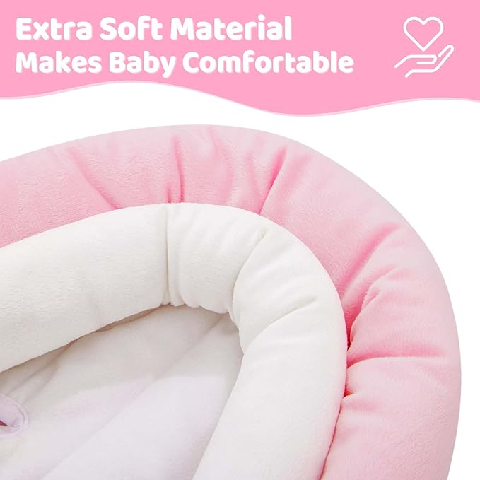 Pro Goleem Breathable 3-in-1 Baby Car Seat Head Support, Soft Infant Car Seat Insert, Carseat Cushion for Newborn, Perfect for Car Seat, Strollers, Swings, Carrier, Bouncer, Pink and White-BubblyBeeBaby