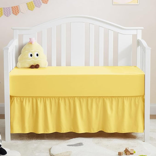 Horbaunal 2 Pack Set Crib Skirt & Crib Bed Sheet, Yellow Crib Bed Skirt 28" x 52" with 14" Drop Dust Ruffle, Soft Microfiber Toddler Bedskirt Nursery Bedding Skirt for Baby Girls and Boys-BubblyBeeBaby
