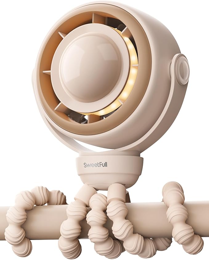 SWEETFULL Baby Stroller Fan - 4000mAh Rechargeable 4-Speed Quiet with LED Display & Night Light, Mini Portable 360° Clip On Safe Fan for Car Seat, Crib, Travel - Brown-BubblyBeeBaby