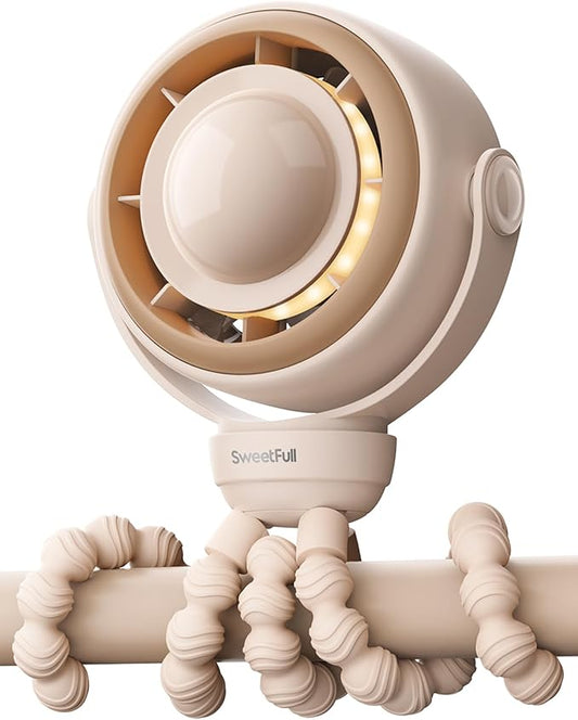 SWEETFULL Baby Stroller Fan - 4000mAh Rechargeable 4-Speed Quiet with LED Display & Night Light, Mini Portable 360° Clip On Safe Fan for Car Seat, Crib, Travel - Brown-BubblyBeeBaby