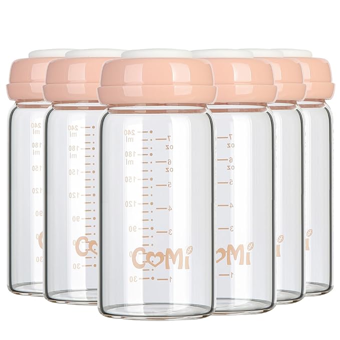 COMI Wide Neck Glass Breastmilk Collection n Storage Bottle, 8oz with Screw Ring Sealing Disk; Re-markable Sealing Disc. BPA Free, Fits Breast Pumps & Nipples (6 Pink Lids)-BubblyBeeBaby