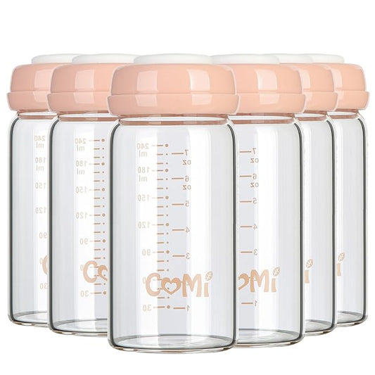 COMI Wide Neck Glass Breastmilk Collection n Storage Bottle, 8oz with Screw Ring Sealing Disk; Re-markable Sealing Disc. BPA Free, Fits Breast Pumps & Nipples (6 Pink Lids)-BubblyBeeBaby